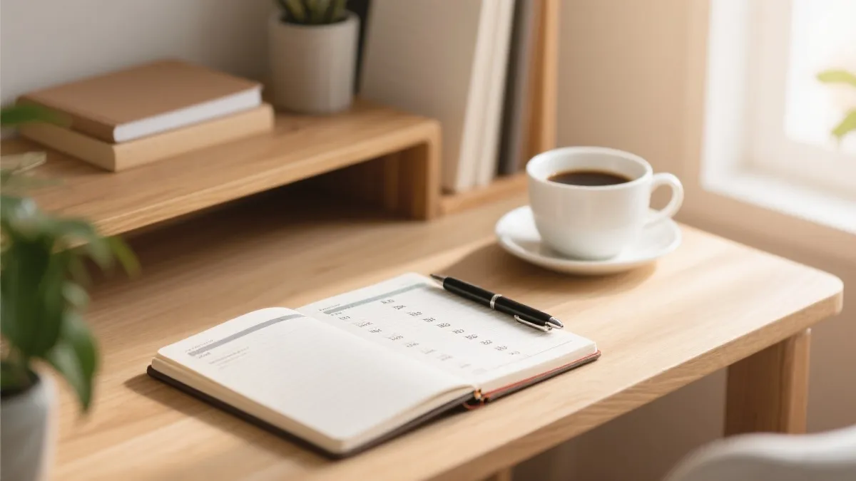 桌面上摊开的理财规划本与钢笔，旁边是一杯热咖啡，柔和自然光