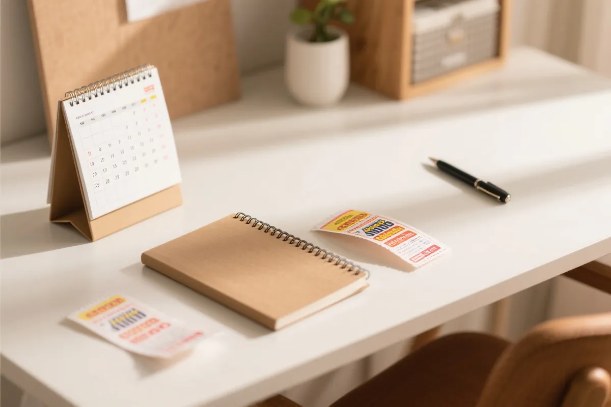 理性购彩的生活化场景占位图：桌面上的彩票、笔记与日历，传递克制与计划感
